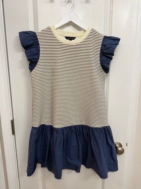 Strut & Bolt Navy and Cream Striped Ruffle-Sleeve Mini Dress